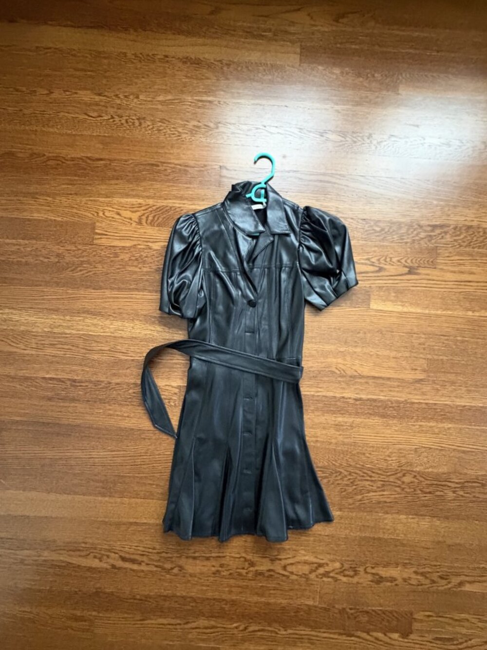 Alice + Olivia Black Leather-Look Belted Mini Shirt Dress Puff Sleeve Size 0